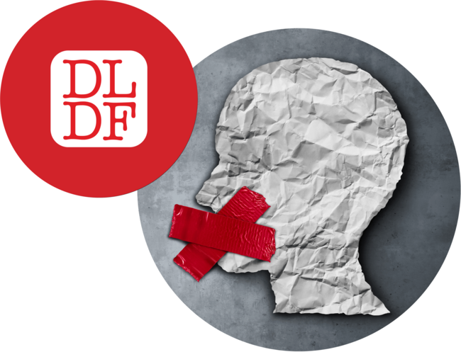dldf logo next to a face made of paper with tape over the mouth