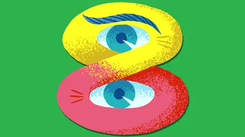 Illustration of the number eight changing colors from pink and red to yellow and gold with two eyes peering out of the negative spaces