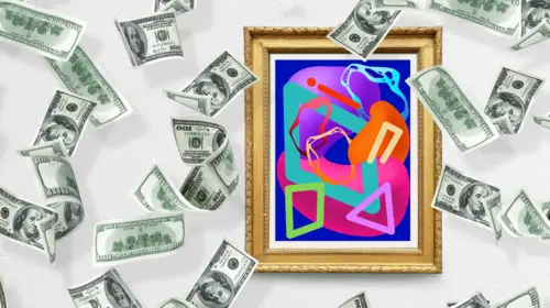 Paper money falling in the air in front of a piece of colorful, contemporary artwork in a traditional gold frame hanging on the wall