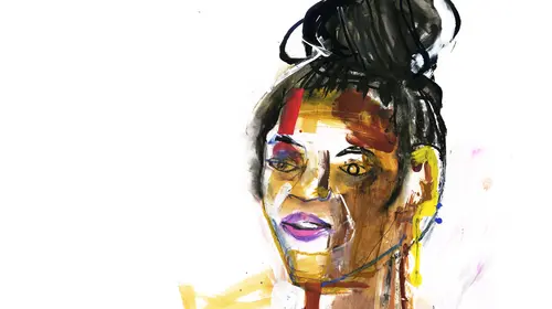Multicolor painterly portrait of a black woman with her hair piled on top of her head