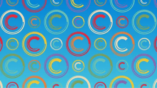 multi-colored Copyright logos floating against a blue background 