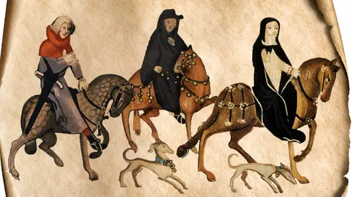 Illustration of medieval figures on horses