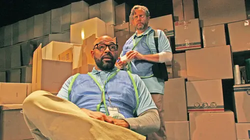 Jelani Julyus (Larry) and Peter Leondedis (Wally) in Ken Green’s In the Back/On the Floor at Stage Left Theatre