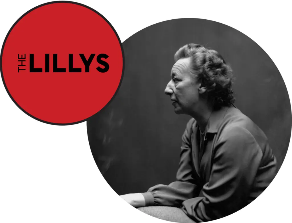 Black Lillys logo against a red circle, next to a photo of Lillian Hellman