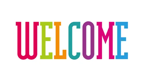 Multicolored graphic letters spelling the word WELCOME